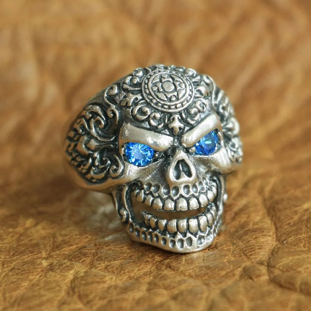 Anel Caveira Punk Pedra Olhos Azuis