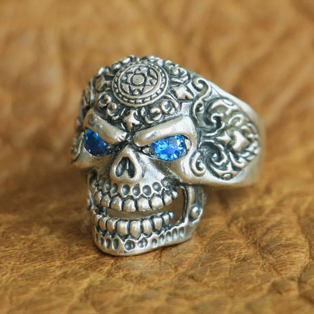 Anel Caveira Punk Pedra Olhos Azuis