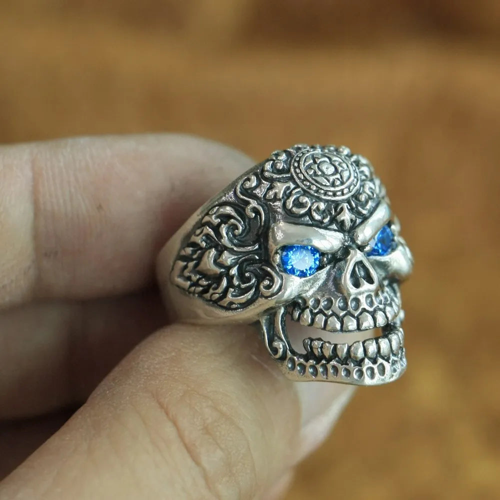 Anel Caveira Punk Pedra Olhos Azuis