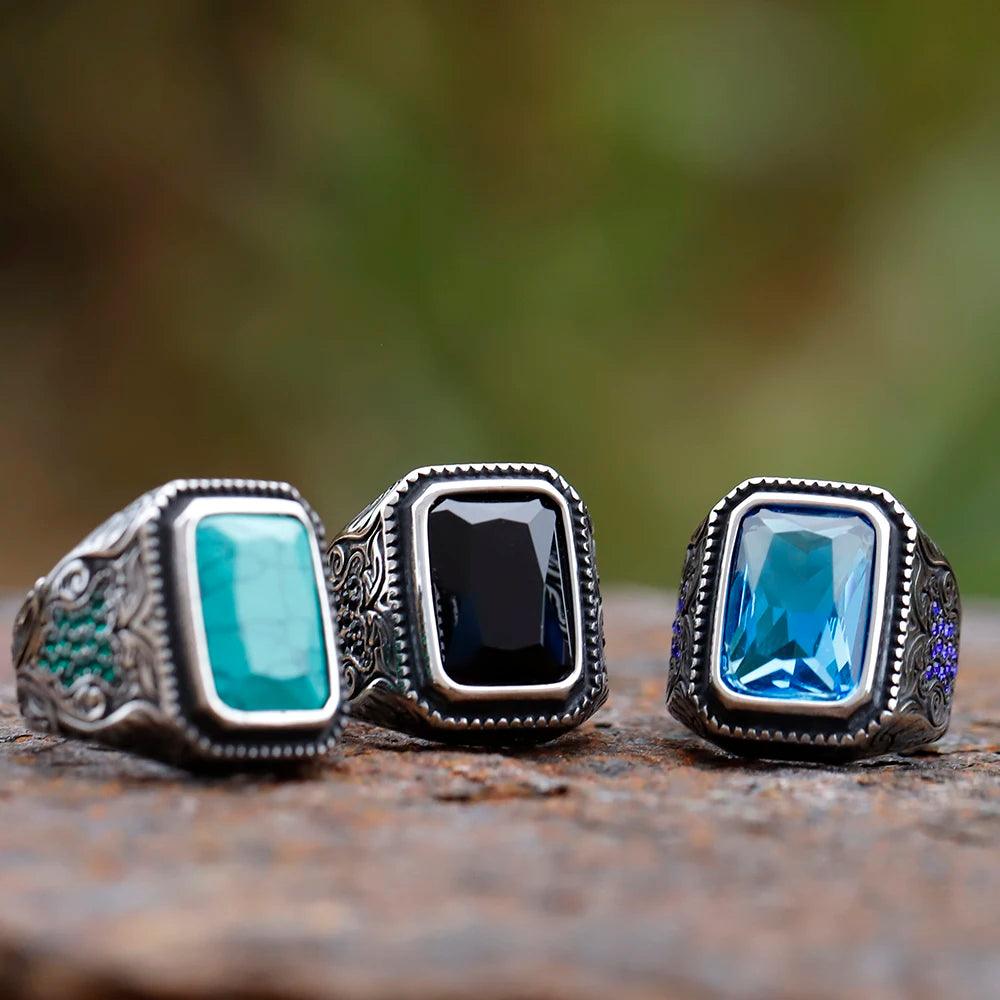 Anel Prata Thin Pedra Azul Turca - Rocktude