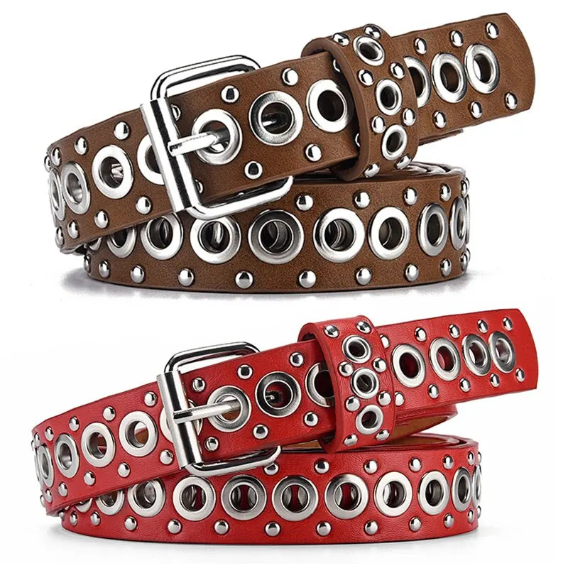 Cinto Couro Feminino Punk Holes