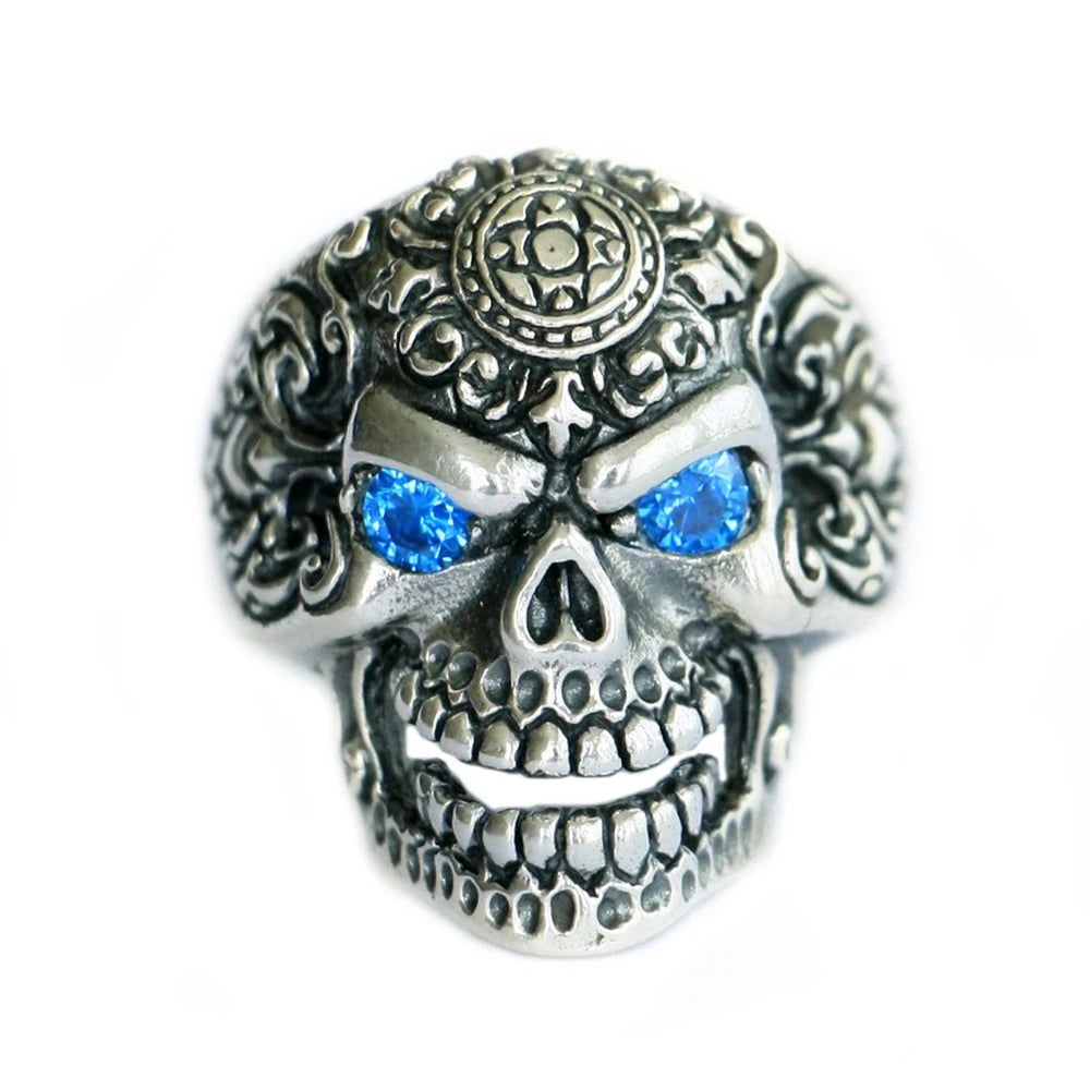 Anel Caveira Punk Pedra Olhos Azuis