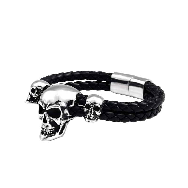 Pulseira Punk Triple Skull Aço Inox - Rocktude