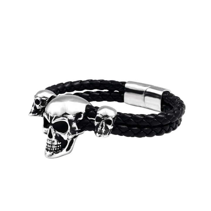 Pulseira Punk Triple Skull Aço Inox - Rocktude