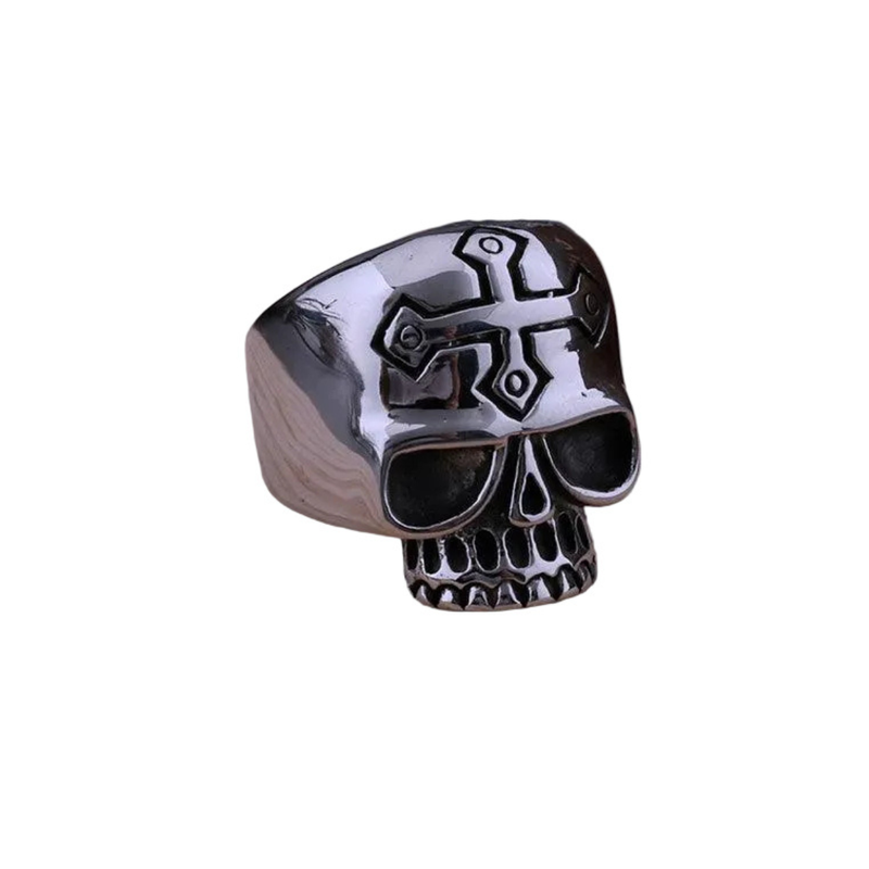 Anel Caveira Cruz Spiked Aço Inox | Rocktude