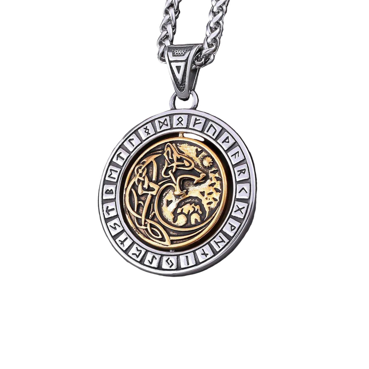 Colar Amuleto Lobo Viking Giratório Aço Inox