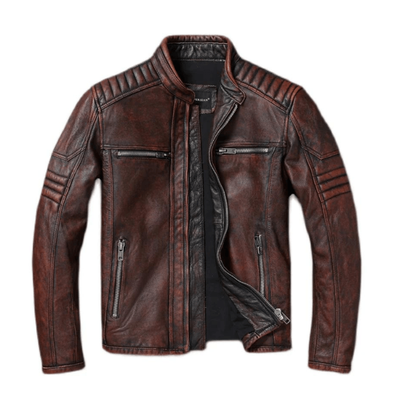 Jaqueta Couro Motorcycle Marrom Retro Masculina Rocktude - Frente