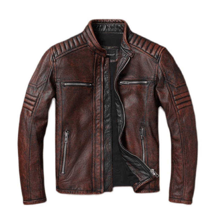 Jaqueta Couro Motorcycle Marrom Retro Masculina Rocktude - Frente