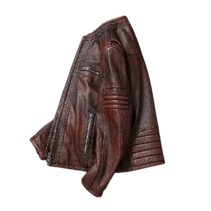 Jaqueta Couro Motorcycle Marrom Retro Masculina Rocktude - Costas