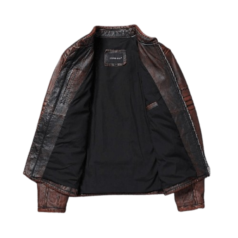 Jaqueta Couro Motorcycle Marrom Retro Rocktude - Detalhe Costuras