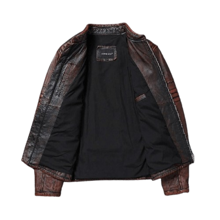 Jaqueta Couro Motorcycle Marrom Retro Rocktude - Detalhe Costuras