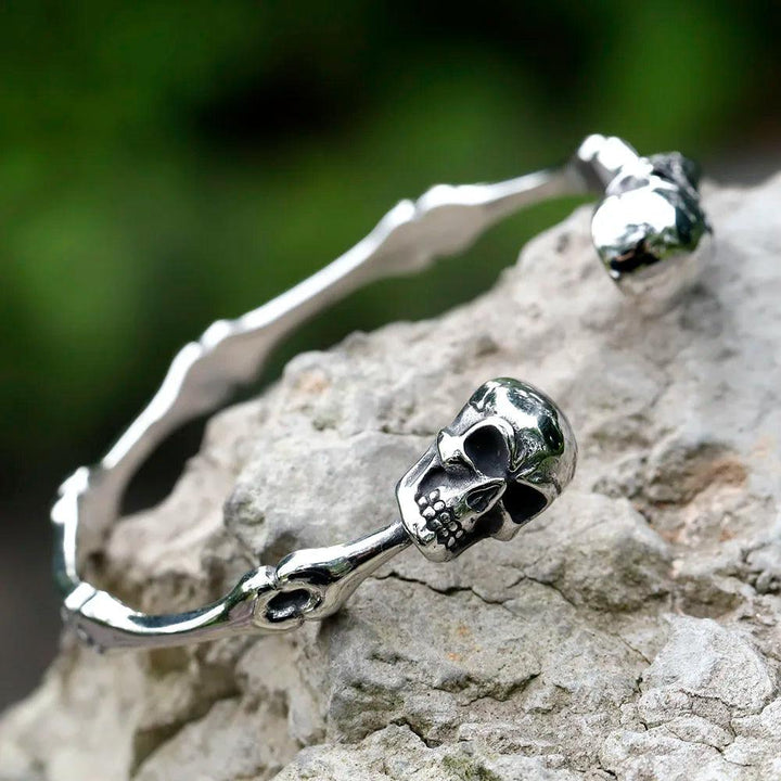 Pulseira Double Skull Ajustável Aço Inox - Rocktude