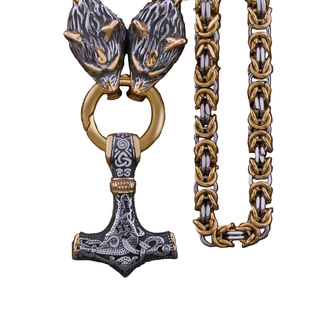 Colar Martelo Thor Corrente Cabeça de Lobo Aço inoxidável - Rocktude