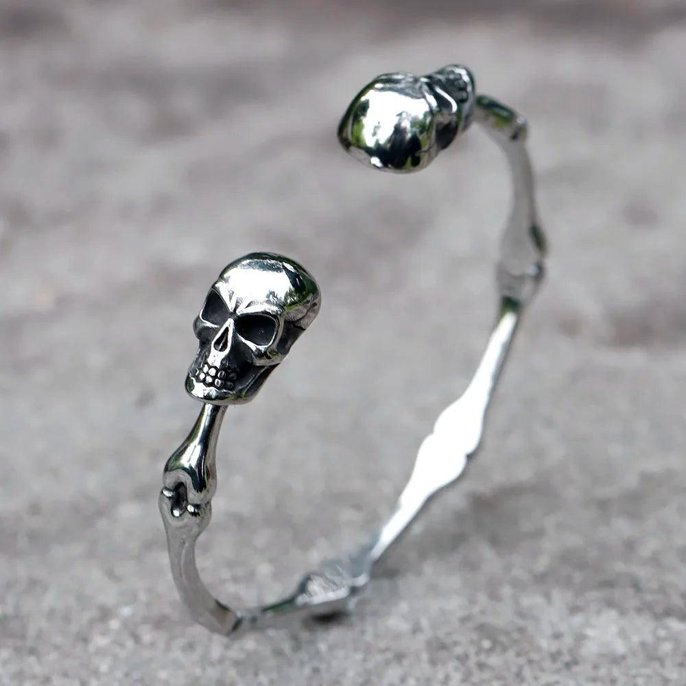 Pulseira Double Skull Ajustável Aço Inox - Rocktude