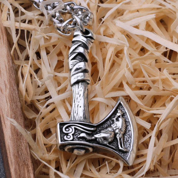 Colar Aço Inox Pingente Machado Viking Lobo - Rocktude