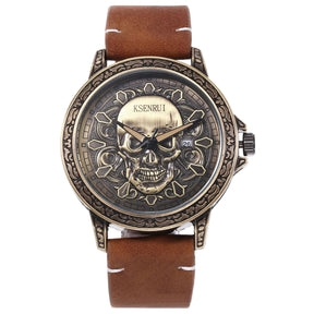 Relógio Skull Quartz Pulseira de Couro