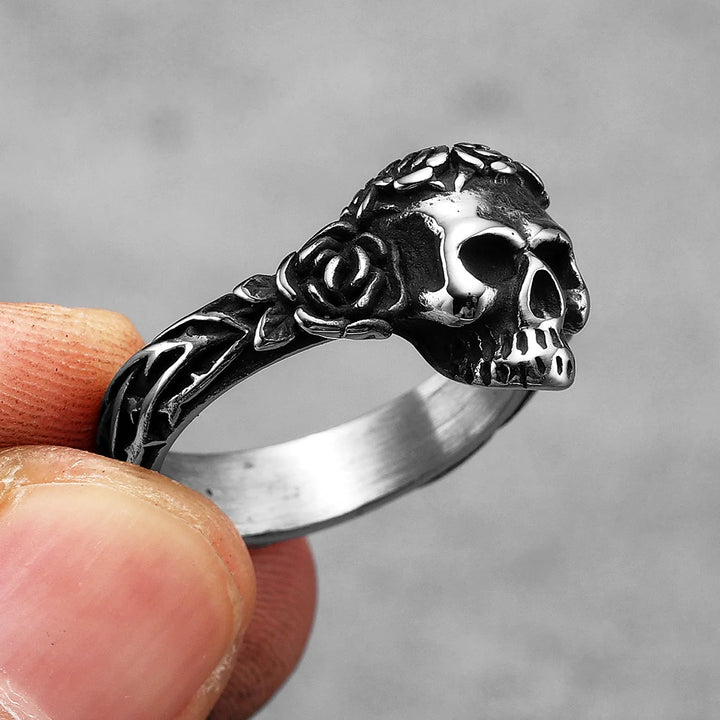 Anel Aliança Skull Rose Aço Inox