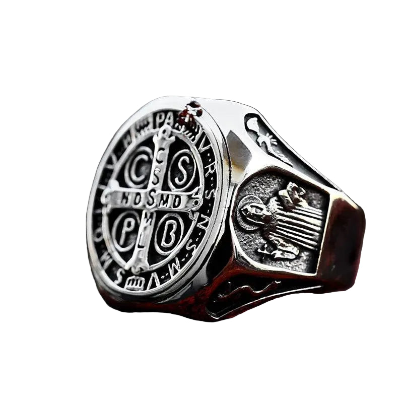 Anel Masculino Cruz Sao Bento Aco Inox Rocktude - Frente