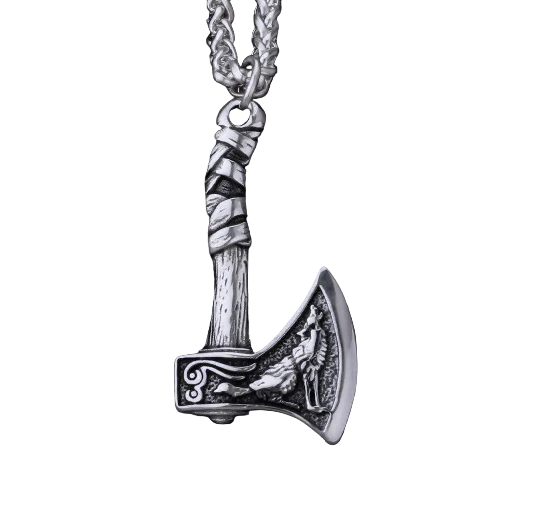 Colar Aço Inox Pingente Machado Viking Lobo - Rocktude