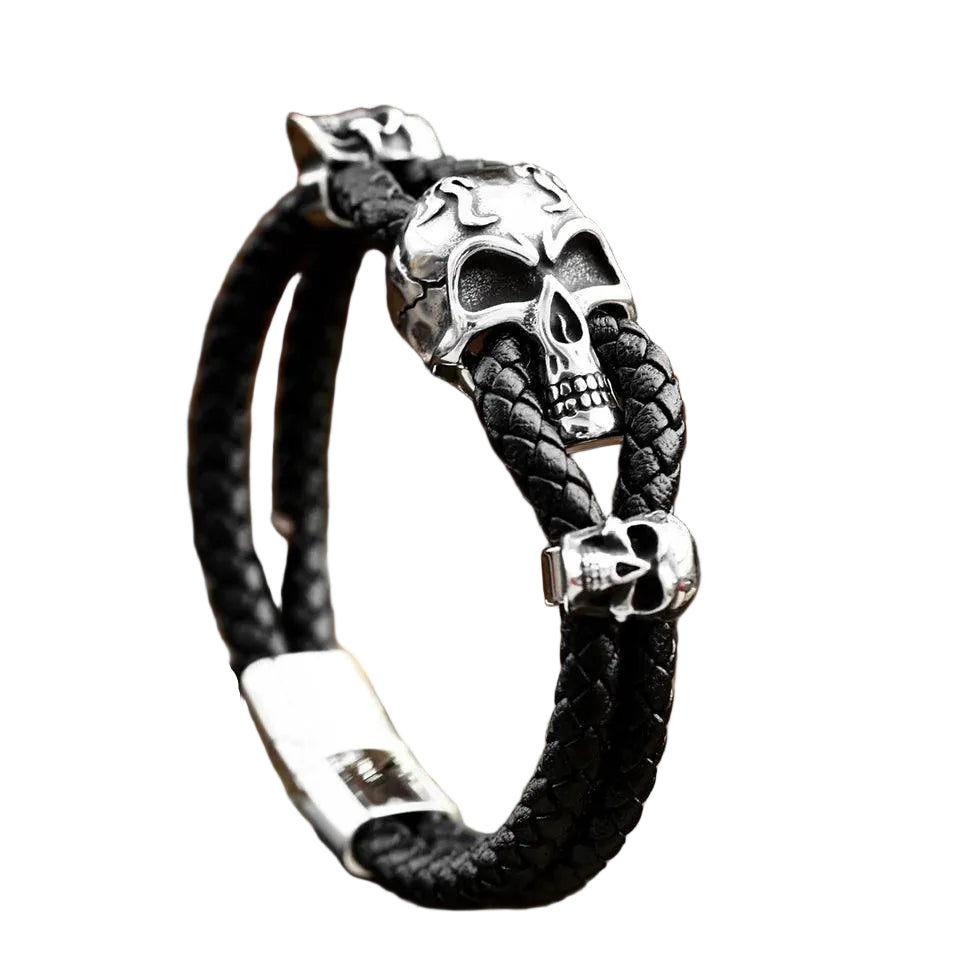 Pulseira de Couro Caveira Aço Inoxidável - Rocktude