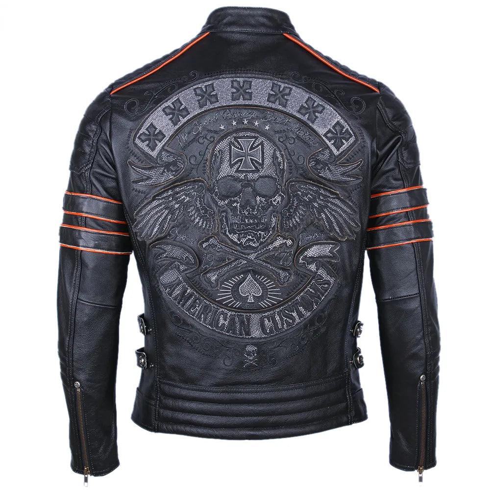 Jaqueta de Couro Genuino Motociclista Skull Preta Rocktude - Frente