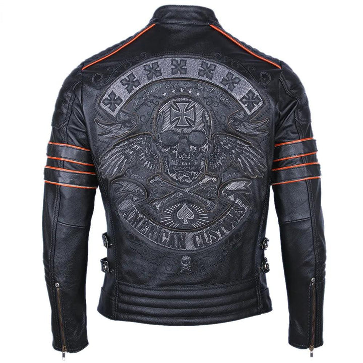 Jaqueta de Couro Genuino Motociclista Skull Preta Rocktude - Frente