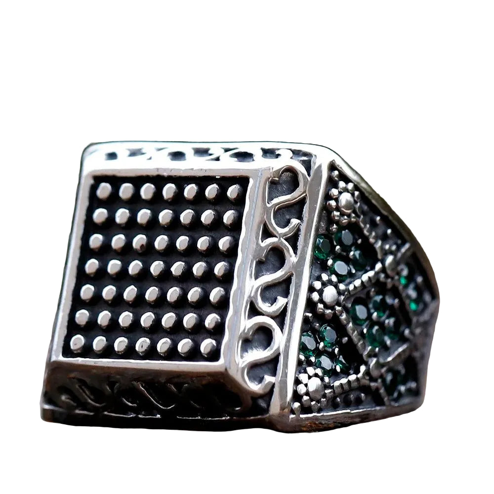 Anel Prata Quadrado com Pedras Verde - Rocktude