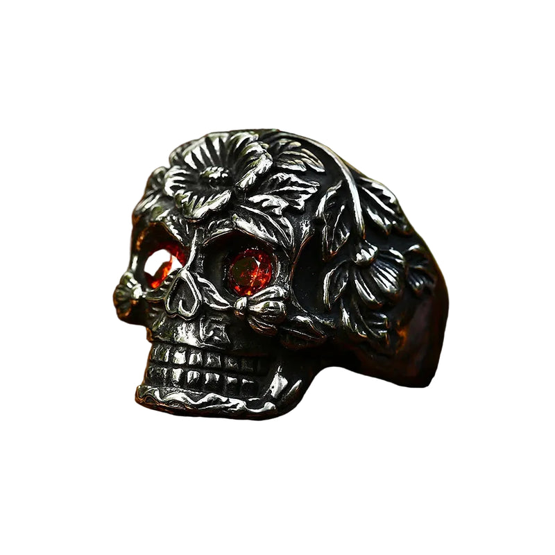 Anel Masculino Flor Caveira Olhos Vermelhos Aço Inox — Gótico Punk