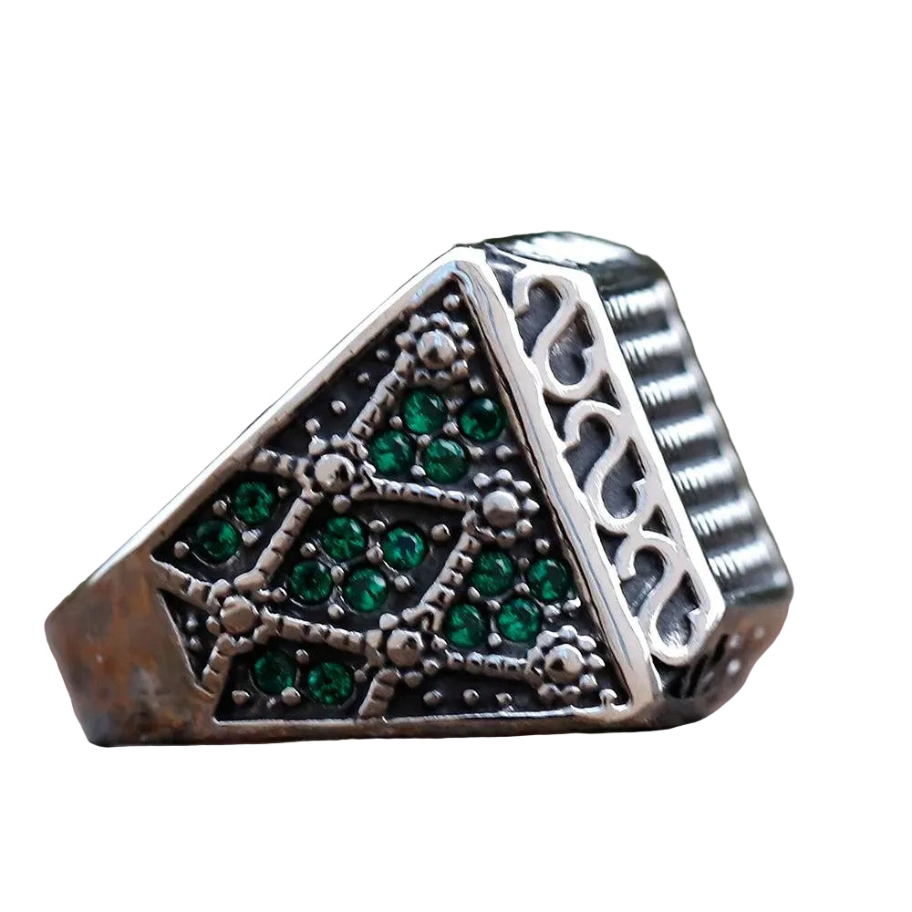 Anel Prata Quadrado com Pedras Verde - Rocktude
