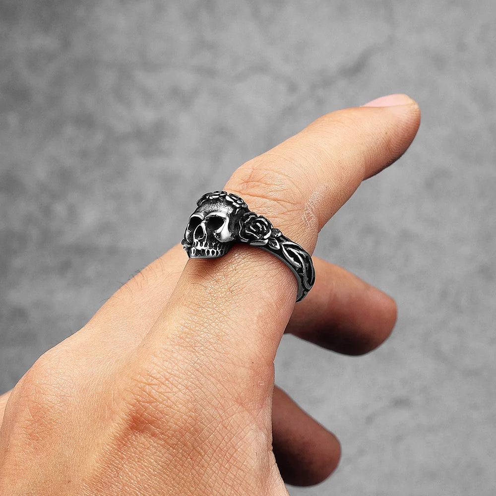 Anel Aliança Skull Rose Aço Inox | Rocktude