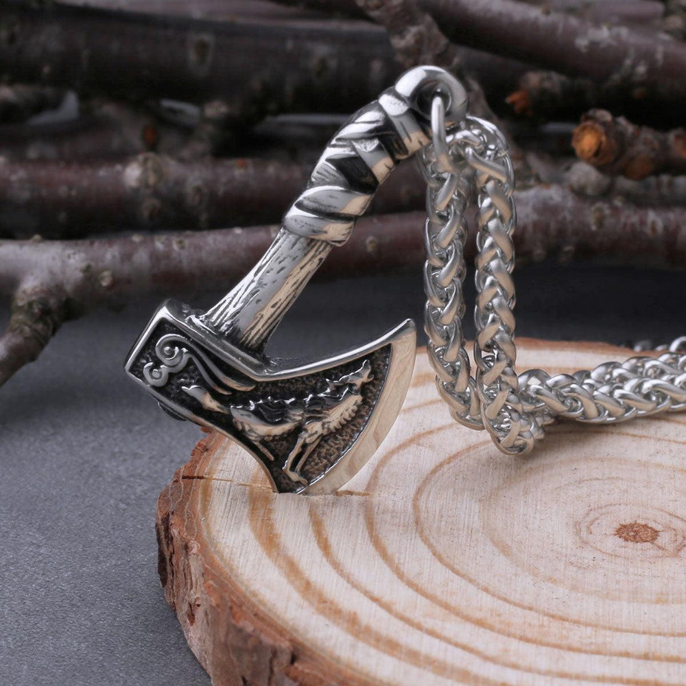 Colar Aço Inox Pingente Machado Viking Lobo - Rocktude